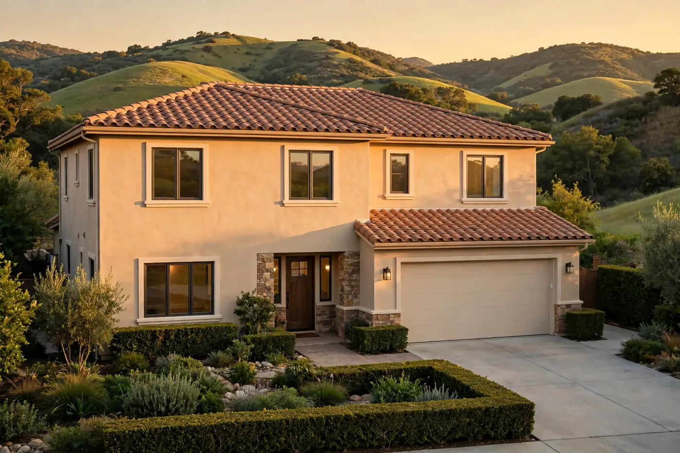 Suburban family home in Rancho Santa Margarita at golden hour