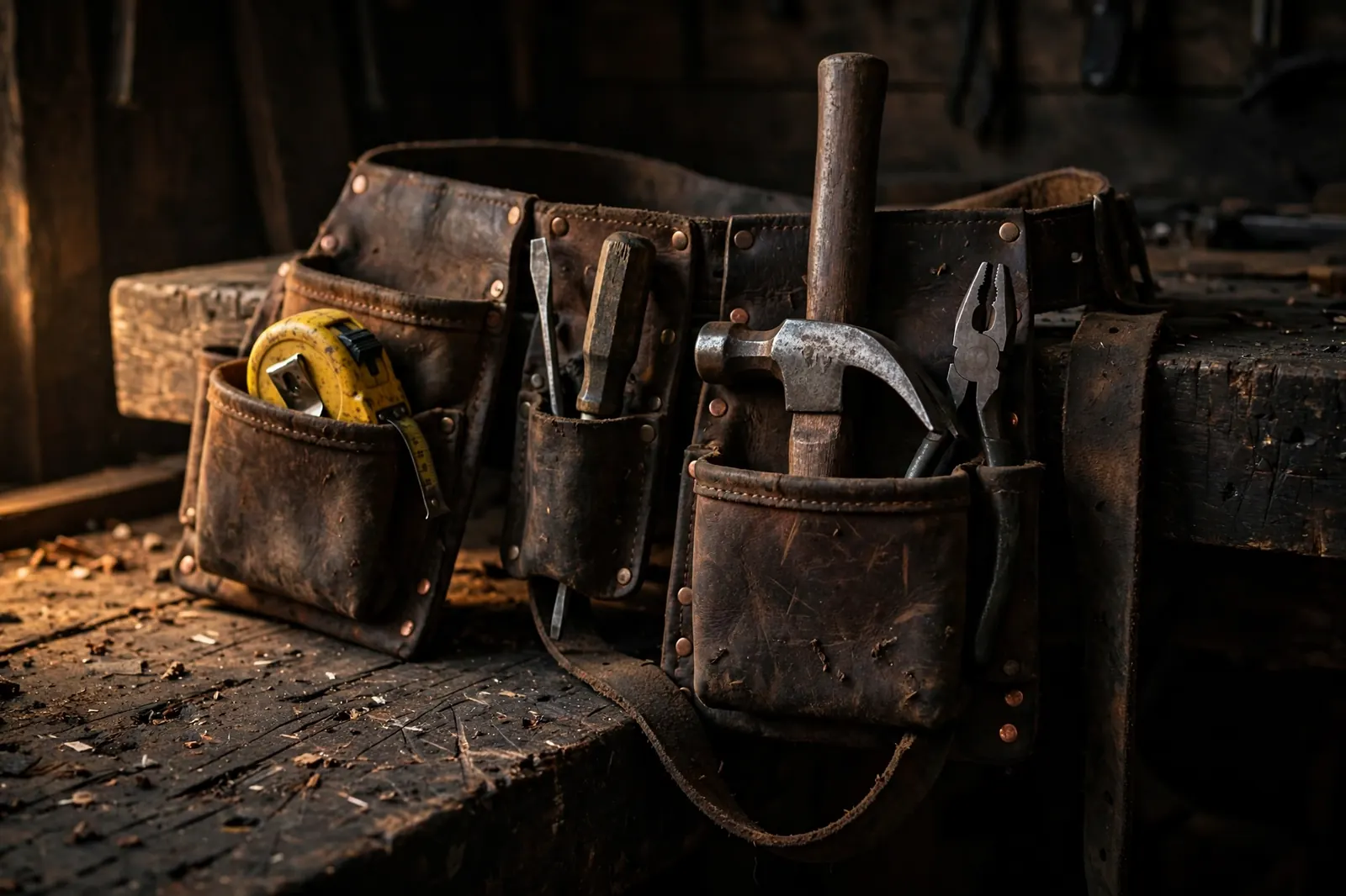 A worn leather tool belt with copper rivets, hammer, and hand tools on a dark workbench