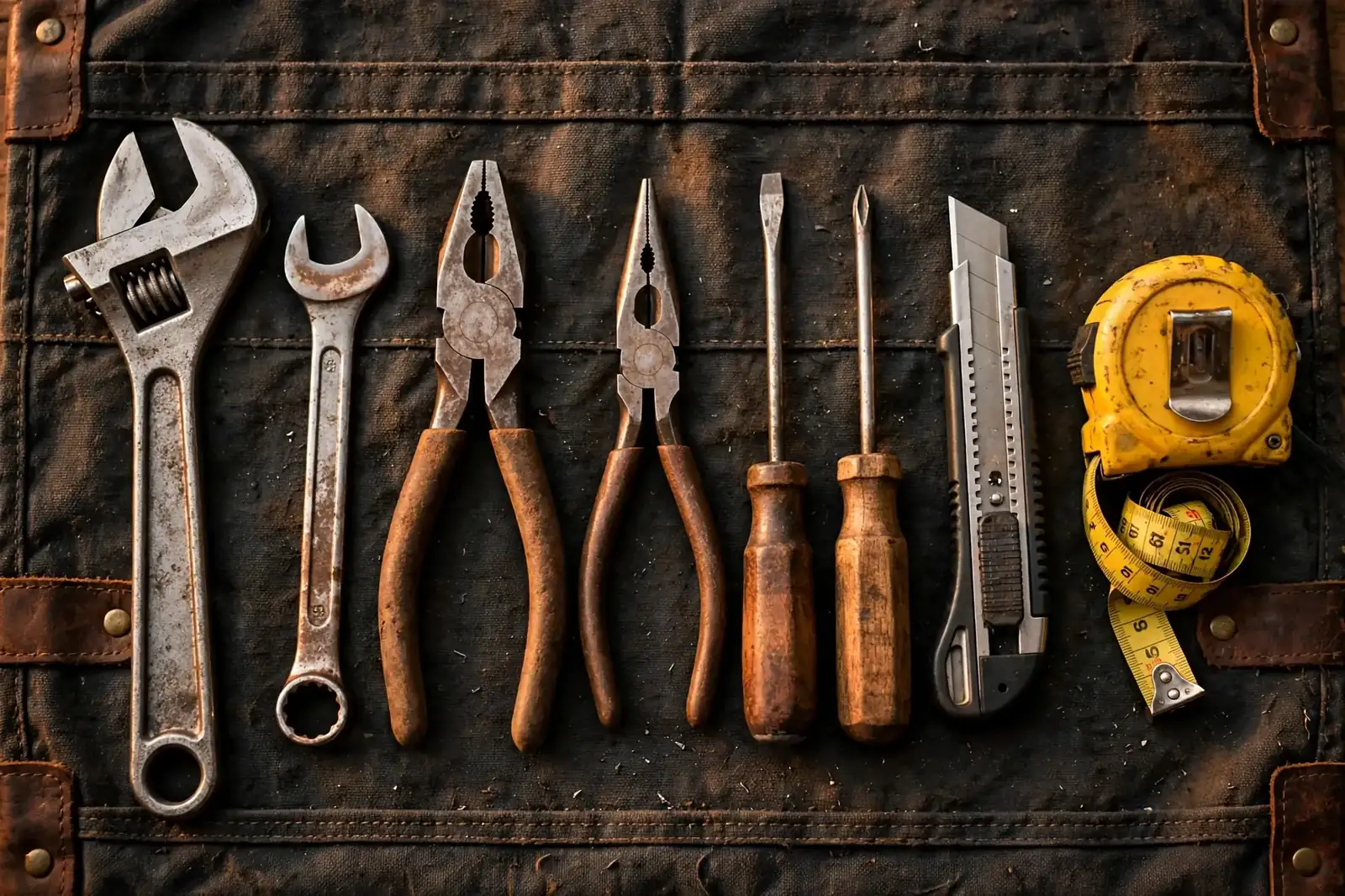 Hand tools laid out in a row on a dark tool-roll cloth